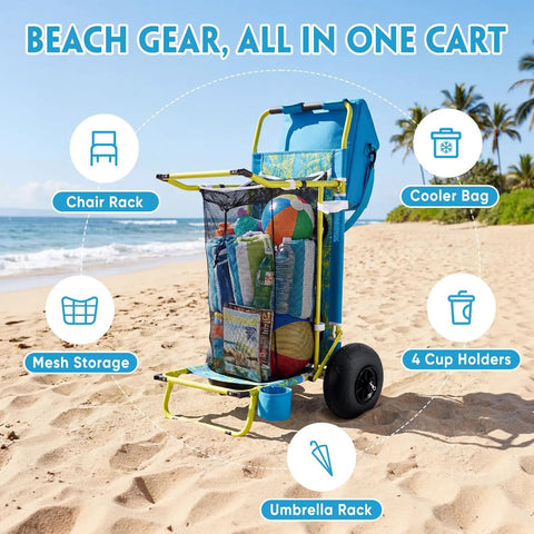 2 In 1 Beach Cart And Table With Big Balloon Wheels For Sand showing organized gear and accessories on sandy beach