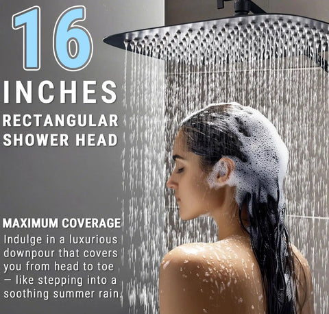 Premium 16 Inch All Metal Rain Shower Head With Handheld Combo In Matte Black featuring a 16 inch rectangular shower head.
