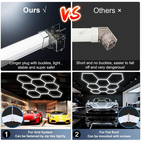 Comparison of hexagon garage light with 8 grid anti glare LED fixture showing installation flexibility in workshop and garage.