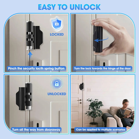 Image showing easy unlocking mechanism of Built Different Heavy Duty Door Reinforcement Lock With Reinforced Aluminum Kick Guard For Inward Swinging Doors That Locks Down Your Entry And Keeps Your Home Secure Day And Night.