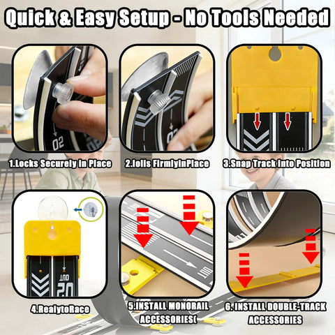 Visual guide demonstrating setup of Ultra Long 16.4-Foot Flexible Race Track For Kids 3 And Up, including suction cup installation.