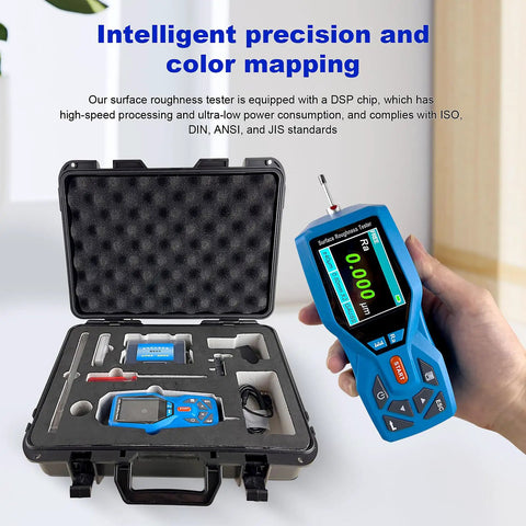Portable Surface Roughness Tester and Profilometer with 0.001 µm Resolution, device view with carrying case and accessories