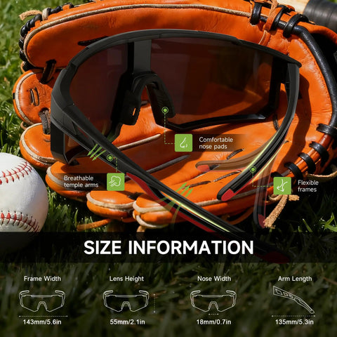 Hd Polarized Sports Sunglasses Offering Zero Glare Nonsense And Solid UV Armor For Running Cycling Baseball Unisex Frames laid on a baseball glove with size info.