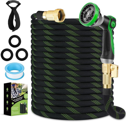 FlexiSolve garden hose 100 ft, non-expandable, black with green pattern, includes 10-pattern spray nozzle and brass fittings.