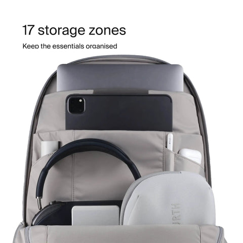 Interior of Norite 24L Modular Camera Backpack For DSLR Lenses And 15-16 Inch Laptop showing 17 storage zones with electronics.