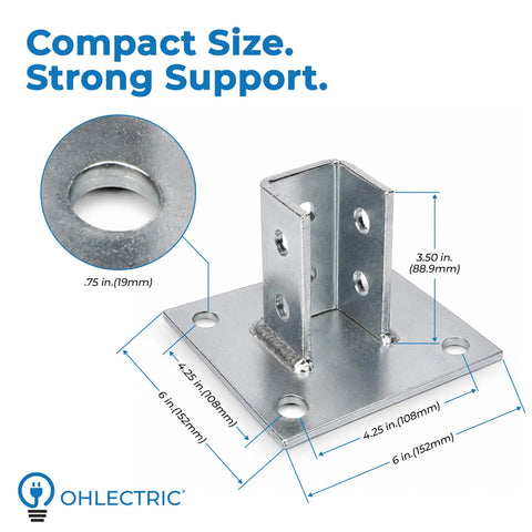 Heavy Duty Galvanized Strut Post Base Single Channel 1-5/8 Inch Side Mount 6x6 Inch Square Four Mounting Holes Zinc Plated