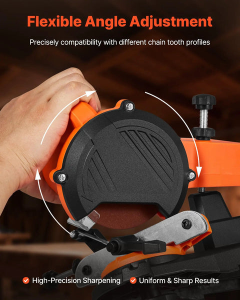 Flexible angle adjustment feature of Tough Electric Chainsaw Sharpener Bench Mounted Eighty Five Watt Motor for precise sharpening.