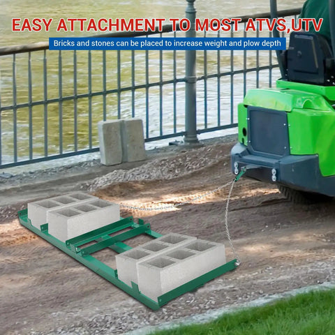 Heavy Duty 48 Inch Lawn Leveling Rake And Driveway Drag Harrow Tow Behind Tool attached to green ATV for yard grading.