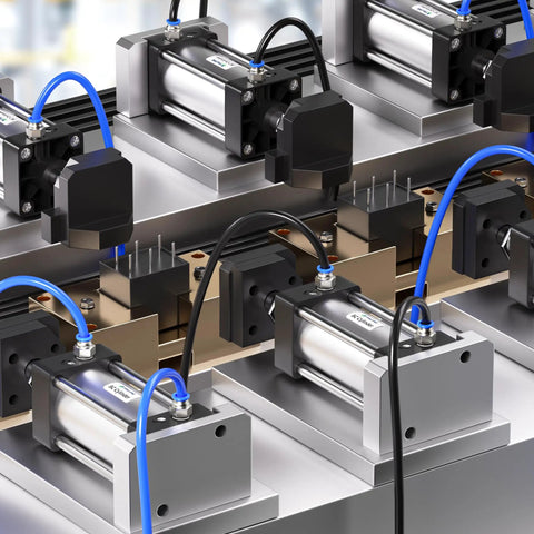 Automated assembly line with blue polyurethane air hose connecting pneumatic tools for high-flex performance.