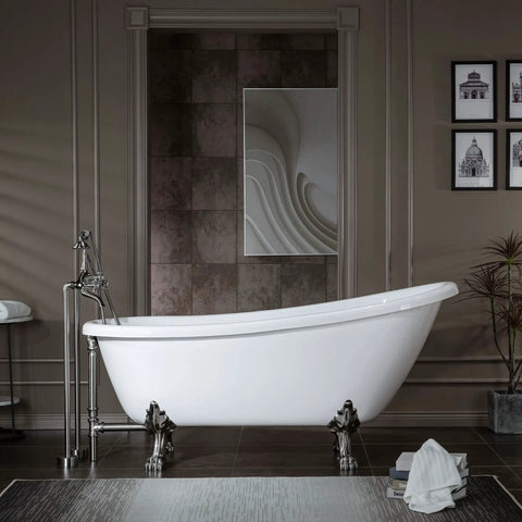 Heavy Duty Acrylic Clawfoot Bathtub Featuring Fly Slipper Contour And Straight Up Brushed Nickel Fixtures in a contemporary bathroom setting.