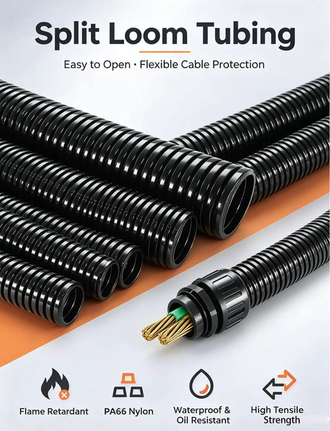 Premium Grade Built Tough Flexible Corrugated Conduit For Top Tier Cable Protection And Wire Management That Bends Like Butter Without Any Drama On Every Job Site in black tubing with connectors.