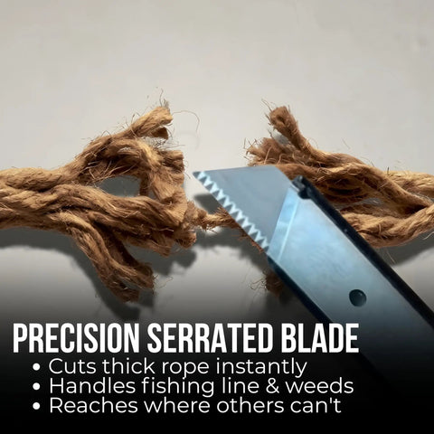Rope Cutter For Jet Ski Jam Tool 18 Inch PWC Intake Removal With Serrated Blade cutting thick rope showcasing blade precision