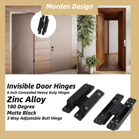 Hidden Door Hinge Set Two Pack 6 Inch Concealed Butt Hinges With 180 Degree Matte Black Swing And 3 Way Adjustable Zinc Alloy Construction For Heavy Duty Installations Tough As Nails Built To Last Riyhch, showing matte black hinges on wooden doors.