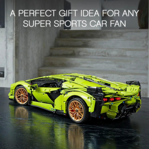 Lamborghini Sian FKP 37 1:8 Scale Tech Model Car Kit For Grownups With 3,696 Pieces on black table near stairs