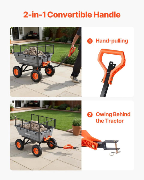 Heavy Duty 10 Cu Ft Poly Garden Cart Dump Wagon With Convertible Handle And 13 Inch Flat Free Tires, Tow Behind Yard Wagon For Lawn Mower And Tractor, 1200 Lbs Capacity, hand-pulling and tow setup