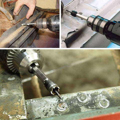 Close-up of heavy duty three eighths inch sheet metal spot weld cutter kit for auto body work in action on metal surfaces