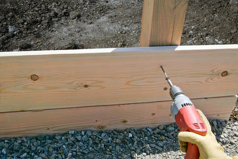 Installing wood with drill using Exterior Grade Timber Screws 0.220 Inch By 4 Inch Double Barrier Coated Washer Head Sawtooth Point