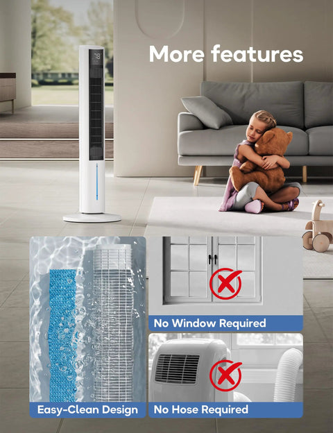 Windowless Portable Evaporative Cooler in living room, easy-clean filter, no hose or window needed for 3 in 1 cooling.