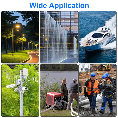Wide application of IP68 Weatherproof Junction Box For Outdoor Wiring Featuring Inline Cable Connectors And 80A Screw Terminals in various settings.