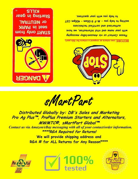 Warning label for starting in gear kills with illustrations on yellow background, SmartPart branding, and 100% tested badge.