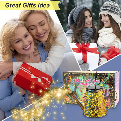 Collage of Solar Watering Can Lights, Large Retro Metal Hanging Outdoor LED Decor with happy women holding gifts, warm white glow.