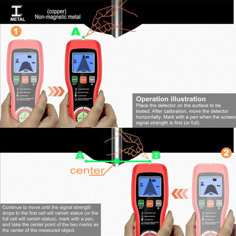Heavy Duty 5 In 1 Stud Finder Wall Scanner showing operation steps with LCD screen and hand guiding calibration process.