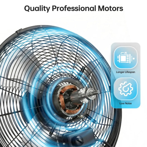 Close-up of 18 Inch High Velocity Pedestal Fan motor with quality professional motors, highlighting low noise and longer lifespan.