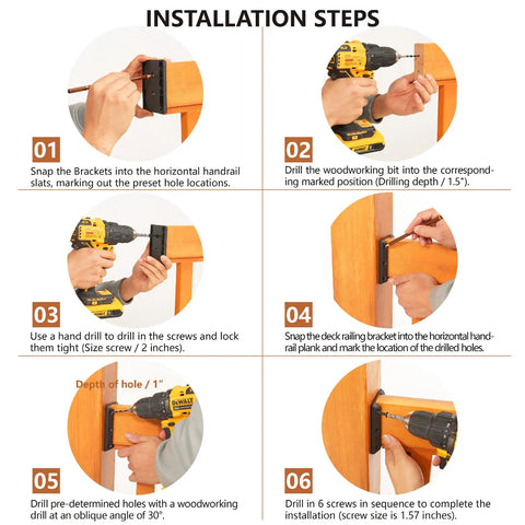 Installation steps for Sturdy 304 Stainless Steel Deck Railing Connectors with black finish on wood handrail.