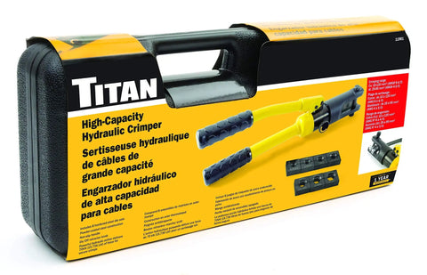 Box of Heavy Duty 7.5 Ton Hydraulic Cable Crimper With High Capacity Action For Battery And Welding Cables Includes 8 Hardened Die Sets Non Slip Handle On Off Retractor Knob Built Tough For Pro Grade Crimping; visible firm and accessories