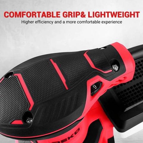 Close-up of the comfortable grip on the Heavy Duty 5-Inch Orbital Sander With Dust Collection, 14,000 RPM, 6 Variable Speeds, 16 Sandpapers