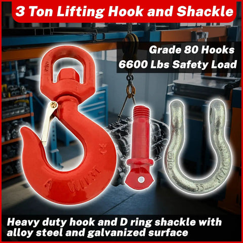 3 Ton Swivel Lifting Hook and D Ring Shackle Set With G80 Chain Hooks and Five Eighths Inch Shackle, 6600 Lbs Safe Working Load