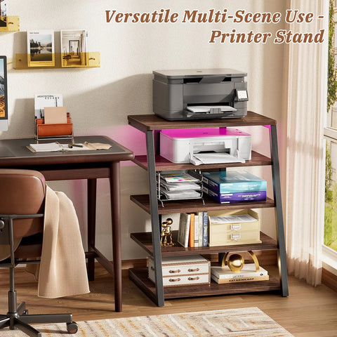 Rock Solid AV Media Stand With Zero Stress Assembly And Five Tier Adjustable Shelves For Stereo Racks And Compact Entertainment Centers A Total No Sweat Game Changer For Your Space with printer on top and organized storage shelves.