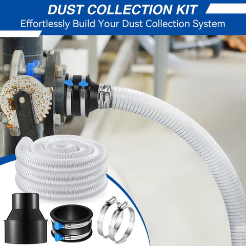 All In One 10 Ft PVC Dust Collection Hose Kit With 4 In To 2 And 1 Half In Cone Reducer, 4 In Flex Cuff, clamps, shown on machine