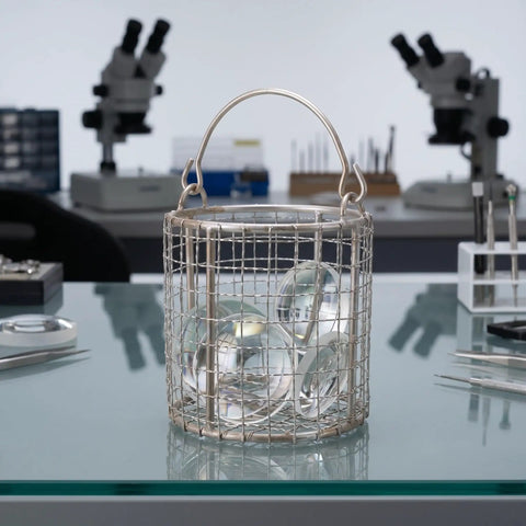 Stainless Steel Ultrasonic Cleaner Basket With Fine Mesh And Swinging Handle Fits Standard Tanks Perfect For Cleaning Lab Tools Electronic Components And Industrial Parts Built Tough For High Heat Without Warping, holding glass lenses.