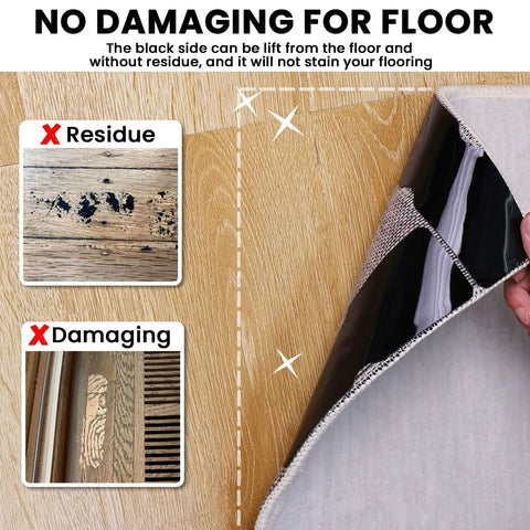 Non Slip Rug Gripper Pads For Area Rugs And Carpets, Reusable Tape Showing No Damage To Hardwood Floors