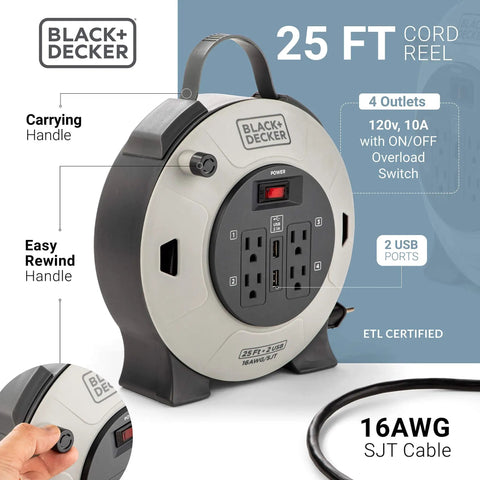 25 Ft Retractable Extension Cord Reel With 4 Outlets, 2 USB Ports, Multi Plug, On Off Switch, Heavy Duty 16AWG SJT Cable