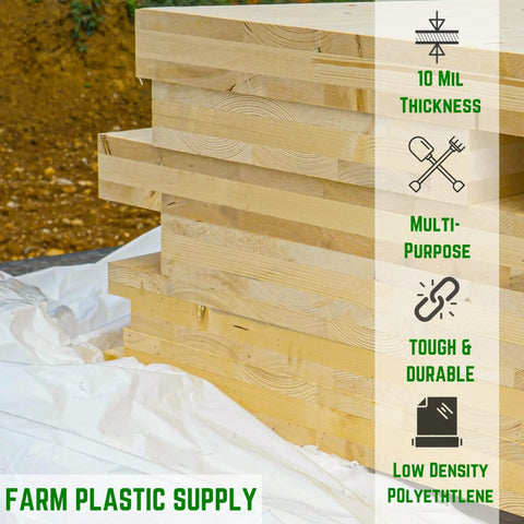 Wood boards stacked on 10 mil thick heavy duty polyethylene film for moisture protection, ideal vapor barrier for crawl space