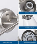 Close-up details of All In One 5 Piece Bathroom Light Set With 3 Light Brushed Nickel Vanity Light Glass Shades Towel Bar Ring Robe Hook Toilet Paper Holder Modern Bath Upgrade