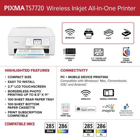 Wireless All In One Color Inkjet Printer With Auto Duplex For Home Photos, Fast 15 Black And 10 Color PPM, Easy Setup, 2.7 Inch Touchscreen, Copy And Scan, Compact Desk Ready Photo Printer features and connectivity highlights.