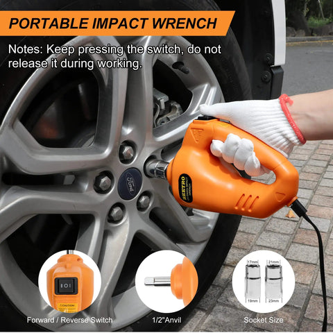 5 Ton 12V Electric Car Jack Kit With Portable Wrench And Tire Inflator Pump, LED Work Light And Warning Light, 4 In 1 Emergency Tire Change For SUV MPV Sedan, Garage Repair, Compact Yet Powerful, showing portable impact wrench in use.