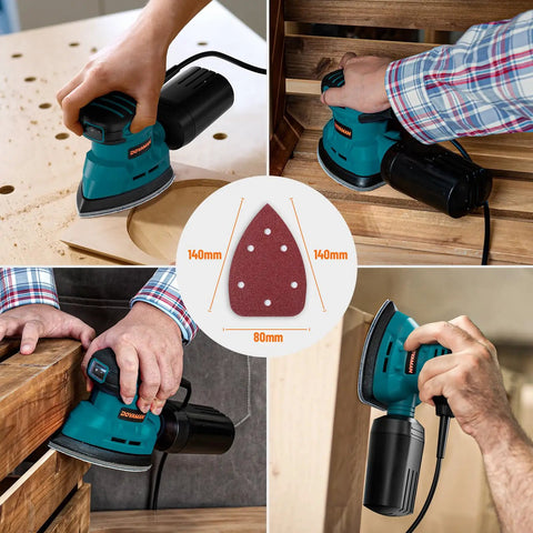 Top Shelf Palm Sander Delivering Knockout 12000 RPM Detail Sanding Performance For Wood And Metal Projects, compact tool in use.
