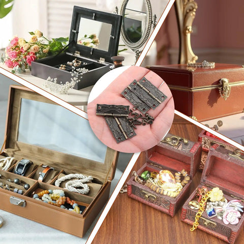 12 Pcs Antique Brass Small Hinges For Jewelry Boxes And Wooden Cabinets With Screws displayed alongside jewelry holders