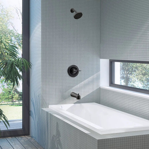 Bathroom with Pressure Balancing Valve Trim Replacement For D14 Series Matte Black with showerhead and bath faucet visible