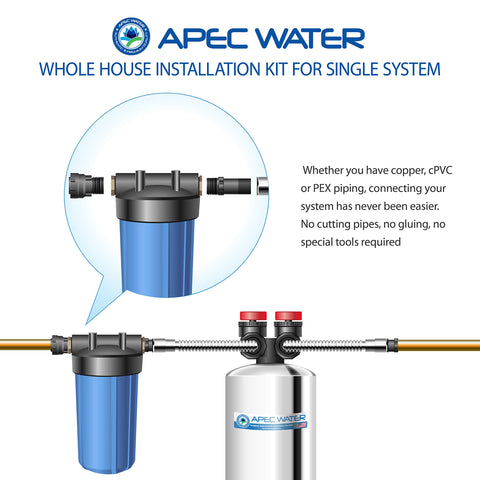 Whole House Water Filtration System Single Tank Installation Kit with stainless steel tubing and flexible lines diagram