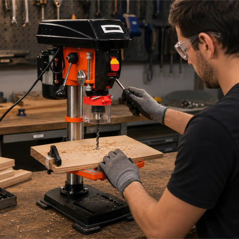 Man using 12 Inch Benchtop Drill Press With Laser And Digital Readout Pro Grade Variable Speed for woodworking in workshop.