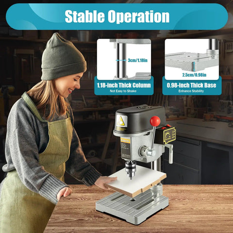 Person using Versatile Benchtop Drill Press With 3 Speed Settings 110V Low Noise Electric Drill Stand For DIY Projects And Home Shop Dope Cast Iron Base And Full Copper Motor For Smooth Quiet Drilling in workshop.