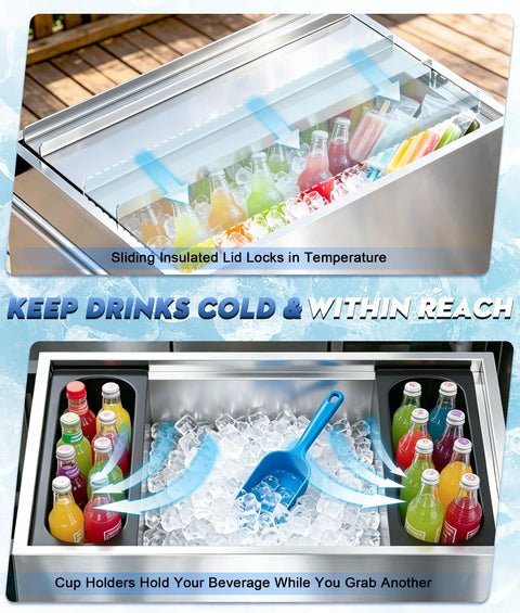 80 Quart Rolling Ice Chest For Outdoor Parties with sliding lid, filled with drinks and ice, stainless steel finish, patio setting