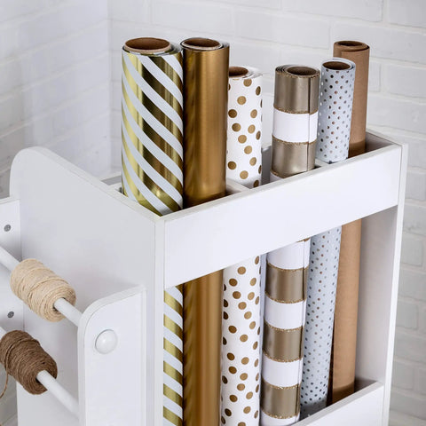 Game Changing Rolling Craft Storage Cart With Three Roomy Drawers And Broad Open Shelves For Bulk Wrapping Paper in white.