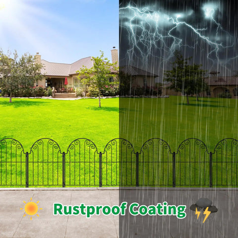 Rustproof Metal Garden Fence Panels No Dig 10 Pack Decorative Border Fencing for Dogs and Pets installed in a yard showing weather resistance.