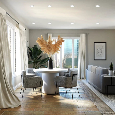 Bright living room with Six Pack 5 Inch Recessed LED Downlights With Junction Box 5CCT Tunable 2700K To 5000K 10W Equiv 70W